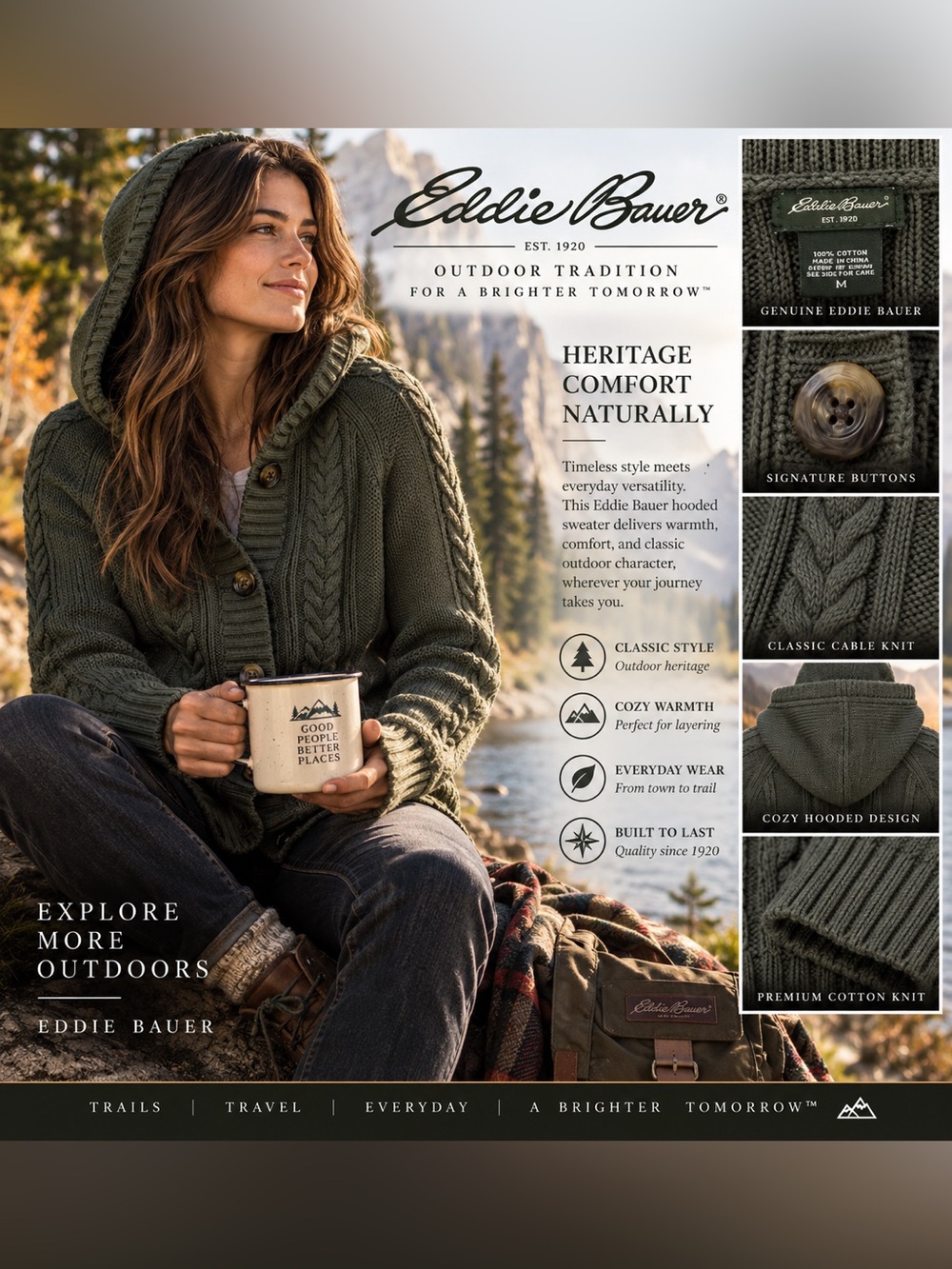 Eddie Bauer Olive Green Hooded Cable Knit Sweater